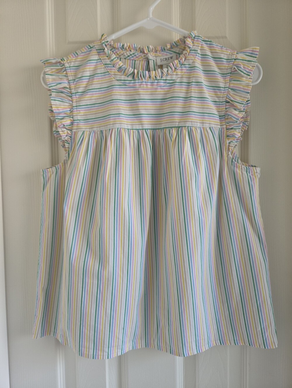 J.Crew Factory Ruffleneck Shirred Top Cotton Poplin Pastel Stripe Size 8